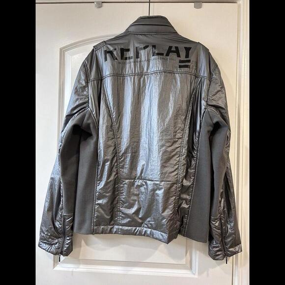 VTG REPLAY Men’s Moto Bomber Jacket Hood XXL Metallic Gray Polyamide Fashion Box - Picture 7 of 15